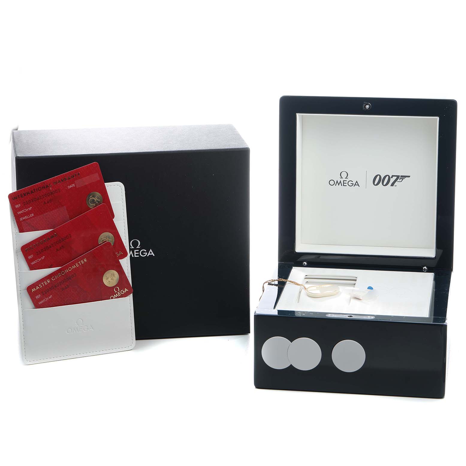 The image shows the Omega Seamaster 210.30.42.20.03.002 Men's Stainless Steel Blue Dial watch box open with warranty cards and a black box with Omega and 007 branding.